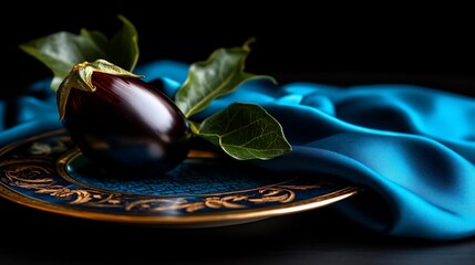A single eggplant on a blue and gold plate with green leaves and blue silk fabric.