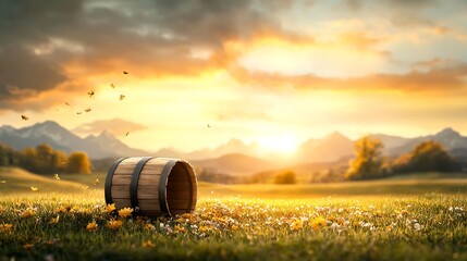 A wooden bucket tipped over in a serene field with scattered flowers, symbolizing life's end, in a soft afternoon light Ultra-Realistic Photo Realistic highly detailed 