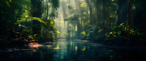 Tropical rainforest, Stunning view Rainforest with sunrise mist and fog rays in the morning.
