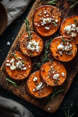 Roasted sweet potato slices topped with feta cheese and herbs on a wooden board in a well-lit kitchen setting