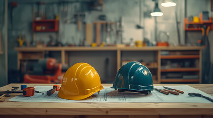 Two construction helmets on a workbench in front of blueprints and tools, captured with a 35mm lens at f/4. The workshop has a blurred background for focus.

