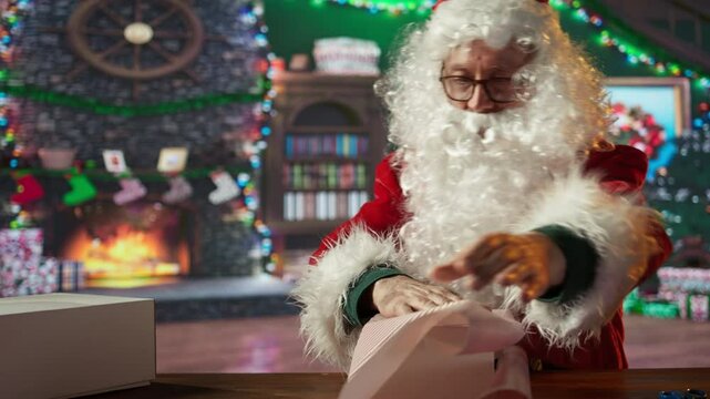 Santa Claus decorates a gift box in his festive workshop preparing wrapped presents and ornaments to fill the holiday season with magic. Christmas delivery from the North Pole. Camera B.