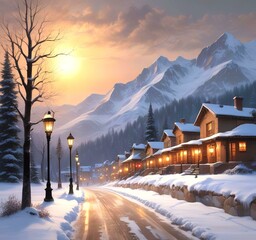 Fototapeta premium Illustration of street with lamps in winter season with snow.