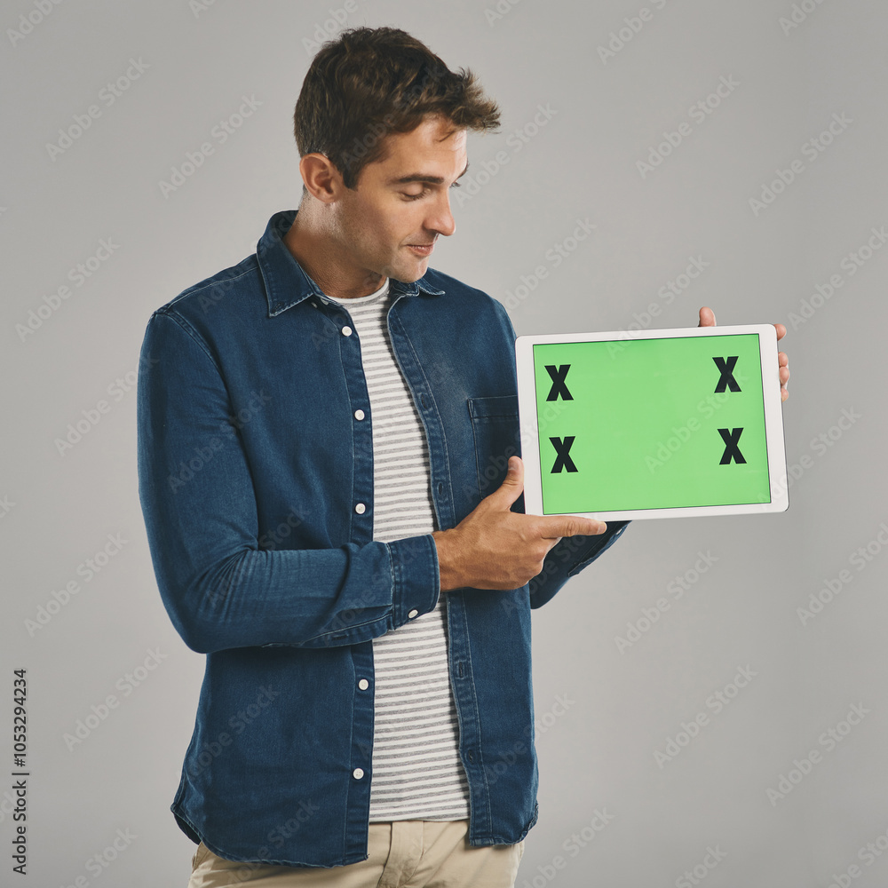 Poster internet, green screen and man with tablet, network and person on gray studio background. communicat
