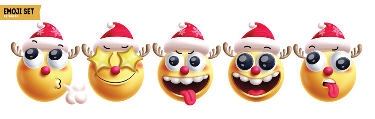 Emoji reindeer christmas emoticon characters vector set. Emojis xmas character in tired, happy, funny, naughty, smiling, amaze and cute face 3d elements collection. Vector illustration emojis reindeer