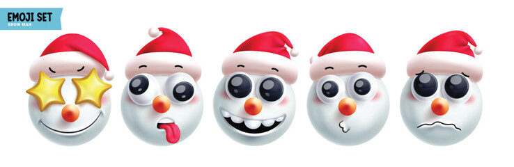 Obraz premium Emoji snowman christmas emoticon characters vector set. Emojis xmas character in happy, amaze, naughty, smiling, funny, lonely and sad cute 3d face elements collection. Vector illustration emojis snow