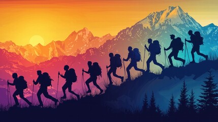 Fototapeta premium Team of hikers climbing mountain silhouette at sunset