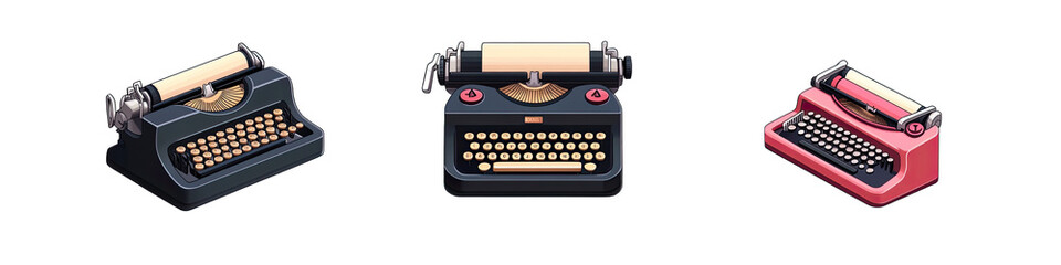 A Vintage Black Typewriter in Cartoon Style. Isolated on a Transparent Background. Cutout PNG.