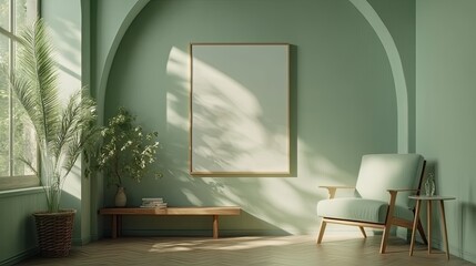 Minimalist living room interior with a large blank poster, an armchair, and a bench in a green and wooden theme.