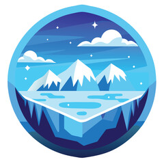 Obraz premium A circular illustration of a snowy mountain landscape under a starry night sky. 