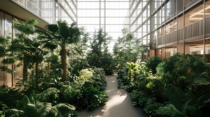 Fototapeta premium Lush Indoor Atrium with Tropical Plants in Modern Glass Building