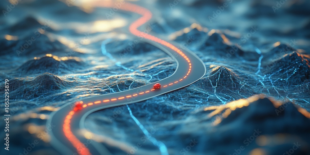 Poster abstract map featuring a curving pathway, smooth lines illustrating the road’s journey, minimalist d