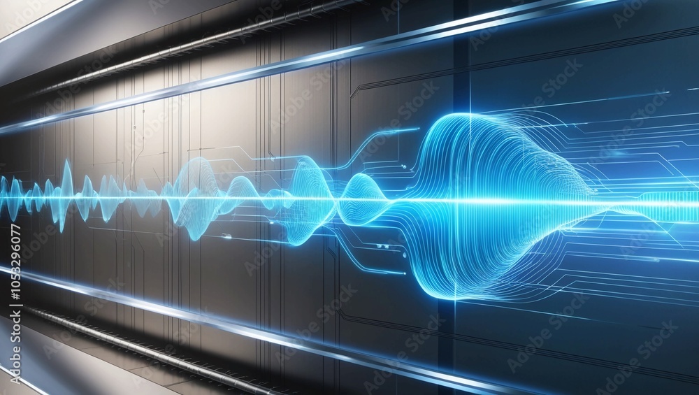 Poster futuristic digital sound wave display with glowing blue lines, representing data transmission, audio