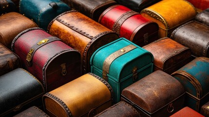 A colorful collection of vintage treasure chests in various materials and designs perfect for decoration and storage