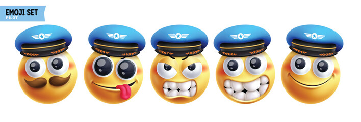 Emoji pilot emoticon characters vector set. Emojis 3d captain character in happy, cute, angry, silly, smiling and friendly facial expression emoticons face elements collection. Vector illustration © Zeinous