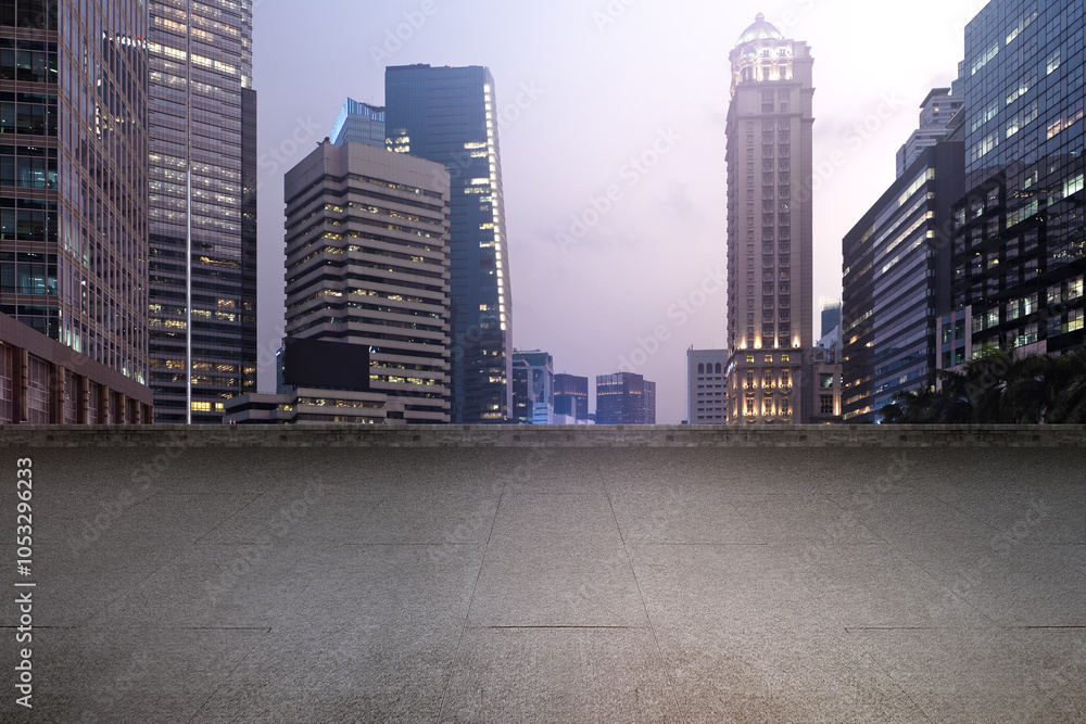Poster empty rooftop balcony with view of modern building skyscrapers and futuristic architecture with suns
