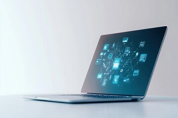 computer with icons , representing the digital world and technology.