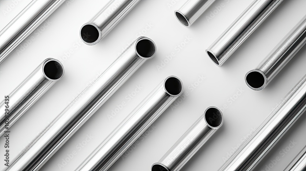 Poster a flat lay image of multiple shiny silver metal tubes of various lengths arranged in a geometric pat