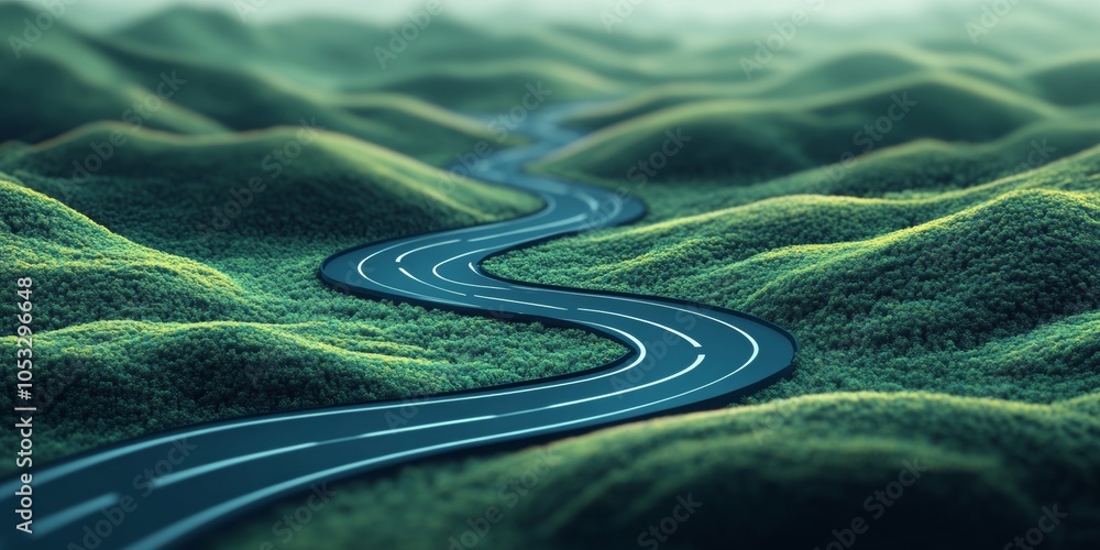Poster abstract map featuring a curving pathway, smooth lines illustrating the road's journey, minimalist d