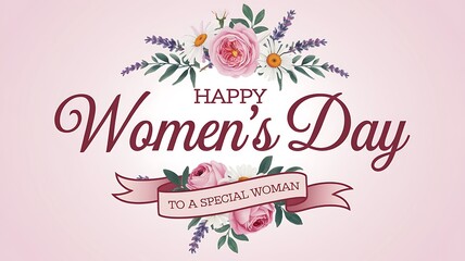 Happy Women's Day Floral Greeting Card with Pink Roses and Lavender