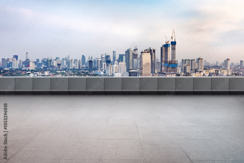 Poster empty rooftop balcony with view of modern building skyscrapers and futuristic architecture with suns