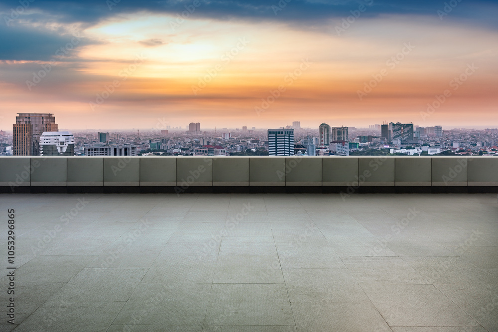Poster empty rooftop balcony with view of modern building skyscrapers and futuristic architecture with suns