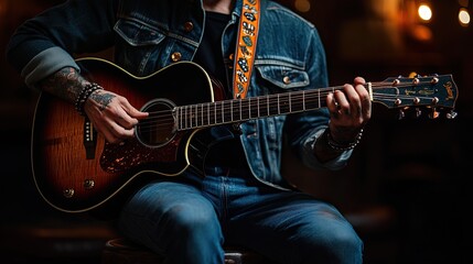 Obraz premium A man's hands play an acoustic guitar in a dimly lit setting.