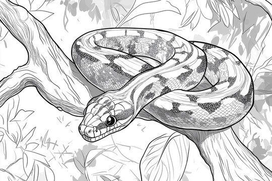 Snake on a tree, python on a white background, for coloring. Child development concept, anti-stress.