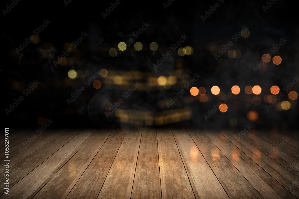 Poster surface of wooden floor with colorful bokeh lights. abstract texture with mist or fog