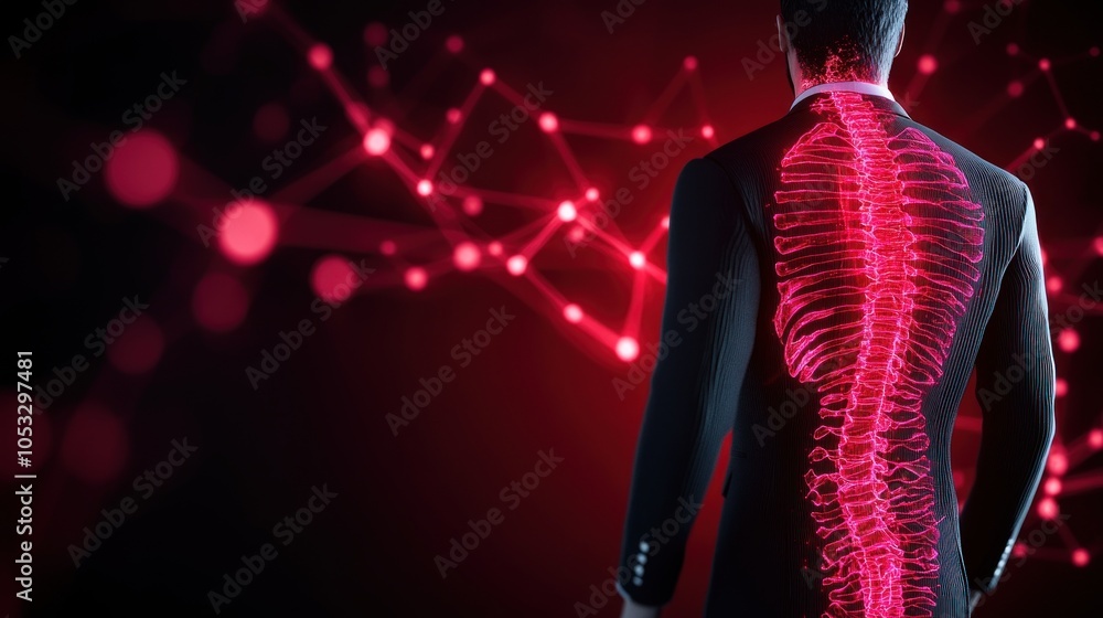 Poster exploring the intersection of human anatomy and technology through a futuristic spine visualization