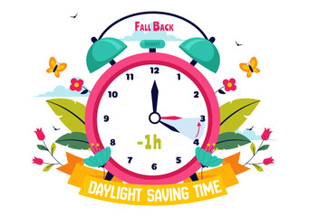 Daylight Saving Time Vector Illustration with Alarm Clock and Calendar Transitioning from Summer to Fall in a Flat Style Cartoon Background Design