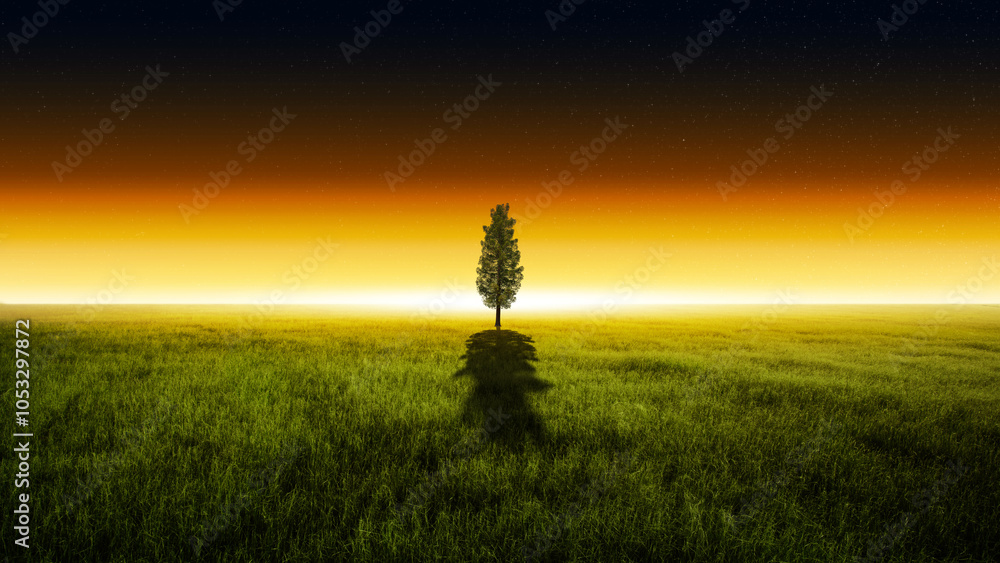 Poster one tree on meadow fields with beautiful sunset scene view