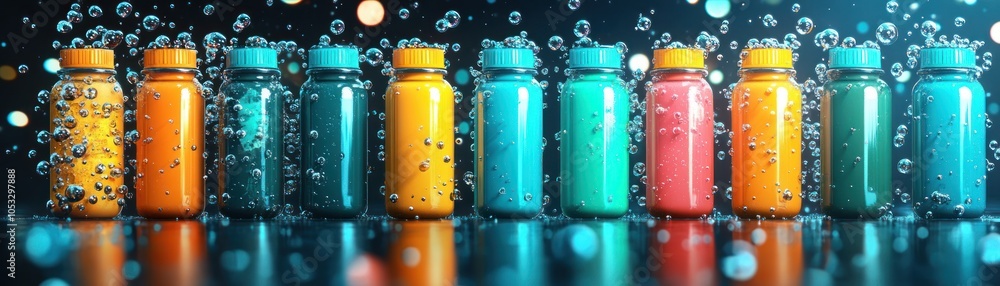 Poster Vibrant bottles of colorful liquid surrounded by bubbles against a dark background creating a stunning visual display
