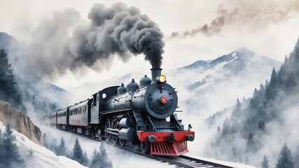 early 20th century train, vintage diesel locomotive, train going through the mountains in winter