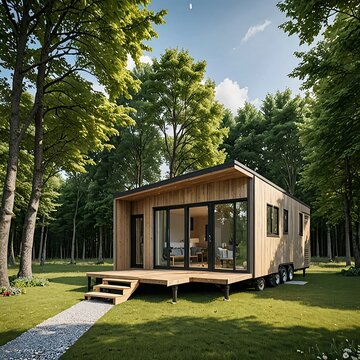 House on Wheels surrounded by big trees.  This is AI generated, property release is not required. 