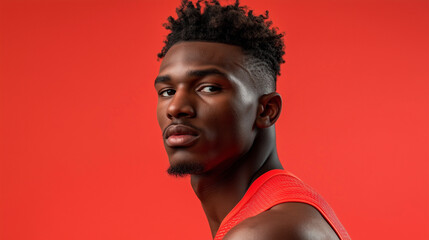 Boxer in sportswear with focused expression against muted red background. v3