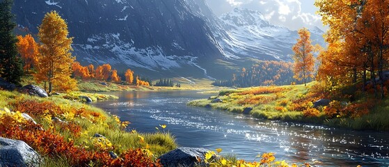 Obraz premium A stunning autumn landscape featuring a serene river winding through vibrant orange and yellow foliage, set against majestic snow-capped mountains under a bright blue sky.