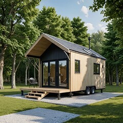 House on Wheels surrounded by big trees.  This is AI generated, property release is not required. 