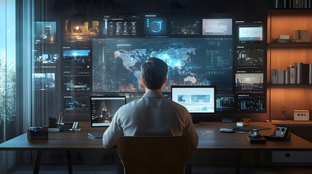 Illustration of a man having a remote meeting, created in 3d rendering. 