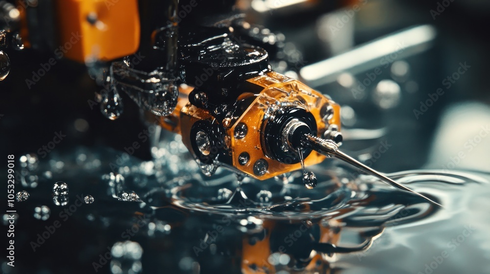 Poster a close-up of a mechanical device submerged in water, creating bubbles.