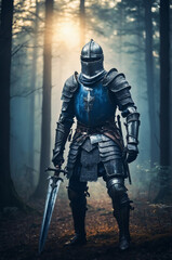 a knight in armor, a knight in iron armor in the woods with a sword.