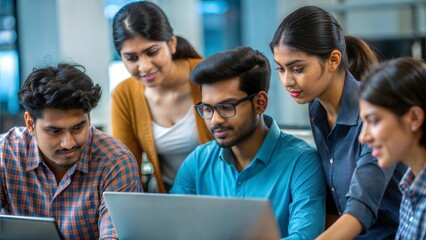 Indian Students working on projects in a university technology lab.

