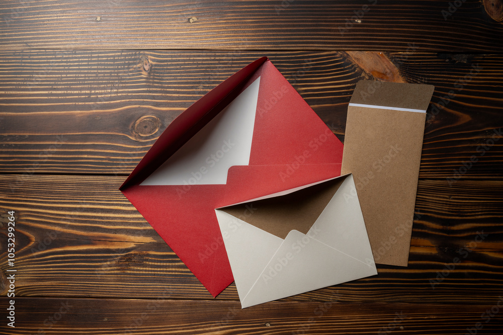 Poster top view of stack of three envelope and postcard on wooden background. the envelopes are of differen