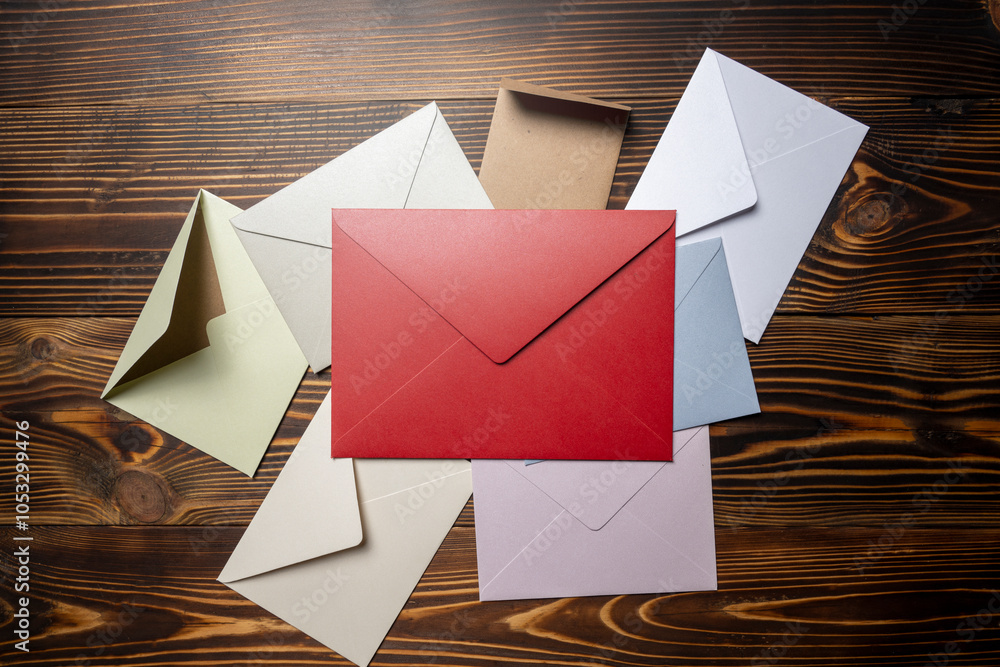 Poster top view of stack of envelope and postcard on wooden background. the envelopes are of different vari