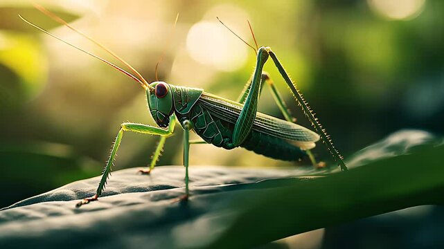 A macro shot of a vibrant green grasshopper perched on a white leaf, showcasing intricate details of its legs and antennae