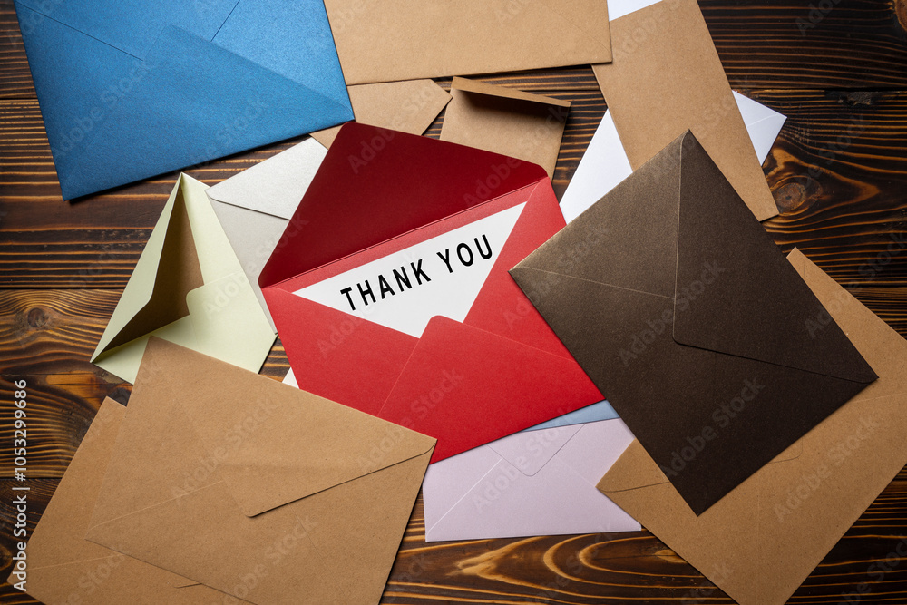 Poster top view of red envelope and postcard with white card with words thank you written on it on stack of