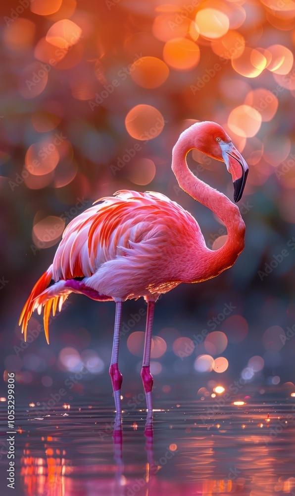 Poster a flamingo stands in shallow water with a colorful bokeh background. ai.