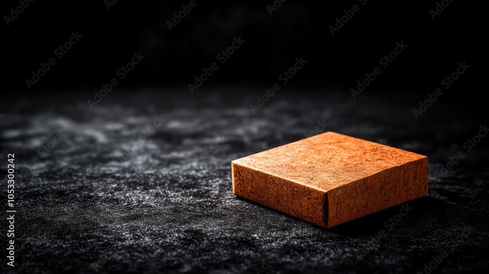 Poster a close-up view of a textured brown box on a dark surface highlighting its unique design and materia