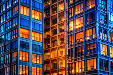 Obraz premium A vibrant cityscape showcases modern buildings with illuminated windows, reflecting a blend of architecture and urban life at dusk.