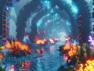 Fototapeta premium A glowing path through a mystical forest. AI.